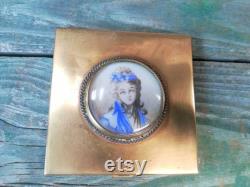 French Antique Brass Powder Makeup box with hand painted procelain medaillion s512