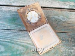 French Antique Brass Powder Makeup box with hand painted procelain medaillion s512