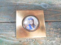 French Antique Brass Powder Makeup box with hand painted procelain medaillion s512