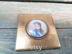 French Antique Brass Powder Makeup box with hand painted procelain medaillion s512