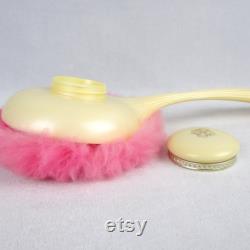 French Celluloid Powderpuff Powder Jar Tray Hair Receiver Trinket Jewelery Vintage Paris Apartment Bedroom Boudoir Vanity Dresser White Pink