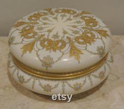 French Limoges Large Hand Painted Gold Gilt 7-1 2 Powder Box Gorgeous Vanity Decor Vintage Compact White With Gold Design