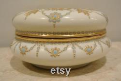 French Limoges Large Hand Painted Gold Gilt 7-1 2 Powder Box Gorgeous Vanity Decor Vintage Compact White With Gold Design