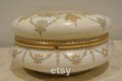 French Limoges Large Hand Painted Gold Gilt 7-1 2 Powder Box Gorgeous Vanity Decor Vintage Compact White With Gold Design