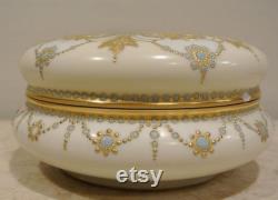 French Limoges Large Hand Painted Gold Gilt 7-1 2 Powder Box Gorgeous Vanity Decor Vintage Compact White With Gold Design