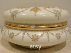 French Limoges Large Hand Painted Gold Gilt 7-1 2 Powder Box Gorgeous Vanity Decor Vintage Compact White With Gold Design