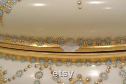 French Limoges Large Hand Painted Gold Gilt 7-1 2 Powder Box Gorgeous Vanity Decor Vintage Compact White With Gold Design