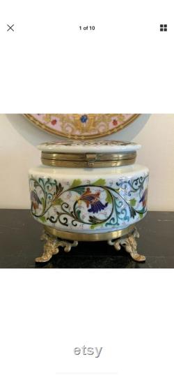 French Opaline Art Glass Ormolu Hand Painted Footed Bronze Dresser Vanity Box