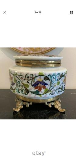 French Opaline Art Glass Ormolu Hand Painted Footed Bronze Dresser Vanity Box