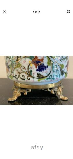 French Opaline Art Glass Ormolu Hand Painted Footed Bronze Dresser Vanity Box