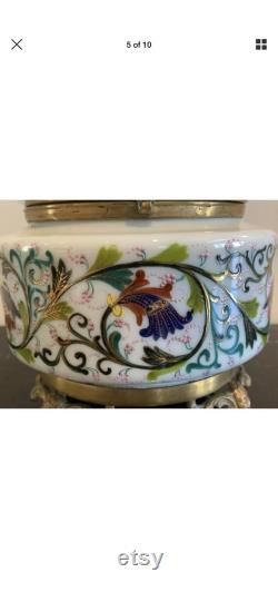 French Opaline Art Glass Ormolu Hand Painted Footed Bronze Dresser Vanity Box