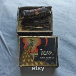 GOLDEN PEACOCK Face POWDER Box Black Orange Gold Art Deco Flapper 3 x 2.5 x 1 Cardboard Antique Vanity Decor De Long Hair Pins Shabby Chic