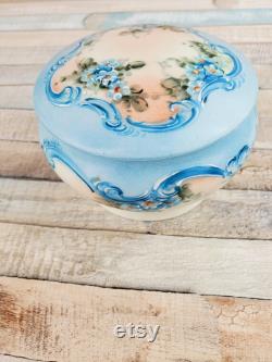 GORGEOUS Weimar porcelain powder box with lid with handpainted forget-me-not flowers, 1848-1933