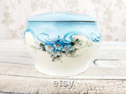 GORGEOUS Weimar porcelain powder box with lid with handpainted forget-me-not flowers, 1848-1933