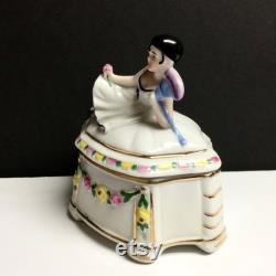 German Art Deco Figural Porcelain Powder Jar Dresser Box Flapper Half Doll