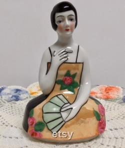 German Covered Powder Jar Half Doll Art Deco Porcelain Figural Lady Cigarette