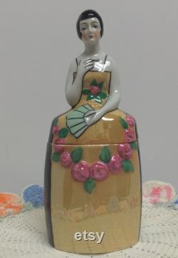 German Covered Powder Jar Half Doll Art Deco Porcelain Figural Lady Cigarette