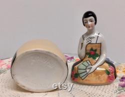 German Covered Powder Jar Half Doll Art Deco Porcelain Figural Lady Cigarette