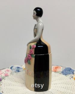 German Covered Powder Jar Half Doll Art Deco Porcelain Figural Lady Cigarette