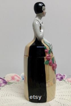 German Covered Powder Jar Half Doll Art Deco Porcelain Figural Lady Cigarette