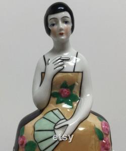 German Covered Powder Jar Half Doll Art Deco Porcelain Figural Lady Cigarette