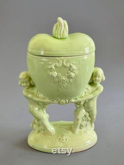 German Dresser Figural Lovers Jar Green Porcelain Heart Vanity Lidded Candy Dish Vanity Storage Box Old German Covered Candy Dish