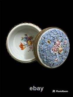 Gilt Bronze Dresden Elfinware Germany Porcelain Powder Box withblue flowers