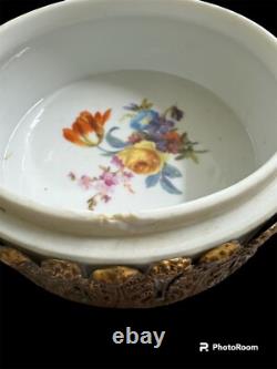 Gilt Bronze Dresden Elfinware Germany Porcelain Powder Box withblue flowers