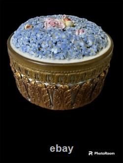 Gilt Bronze Dresden Elfinware Germany Porcelain Powder Box withblue flowers