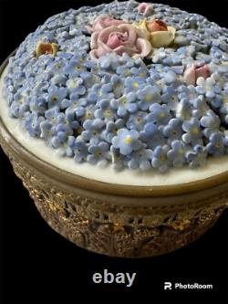 Gilt Bronze Dresden Elfinware Germany Porcelain Powder Box withblue flowers
