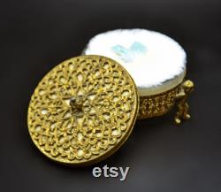 Gilt Metal Cherub Powder Box With Glass Insert, Trinket Box, Ormolu Box