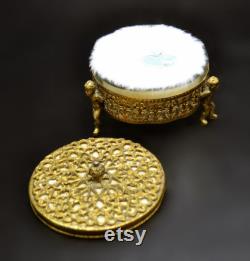 Gilt Metal Cherub Powder Box With Glass Insert, Trinket Box, Ormolu Box