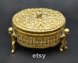 Gilt Metal Cherub Powder Box With Glass Insert, Trinket Box, Ormolu Box