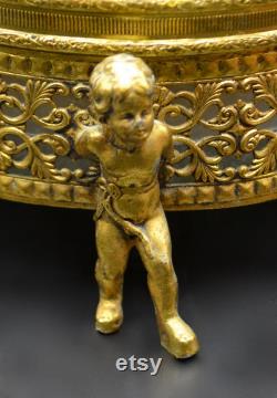 Gilt Metal Cherub Powder Box With Glass Insert, Trinket Box, Ormolu Box