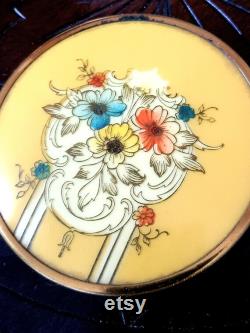 Glass Powder Box Jar With Celluloid Bakelite Lid, In Floral Pastel Colors Art Nouveau Vintage 20s 30s