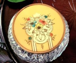 Glass Powder Box Jar With Celluloid Bakelite Lid, In Floral Pastel Colors Art Nouveau Vintage 20s 30s