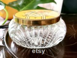 Glass Powder Box Jar With Celluloid Bakelite Lid, In Floral Pastel Colors Art Nouveau Vintage 20s 30s