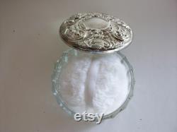 Glass Powder Jar with Silver Plated Lid, Vintage Godinger Victorian Bouquets Powder Box, Gifts for Women, Vanity Jar