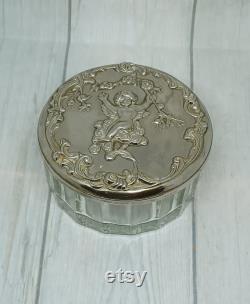Glass Powder Jar with Silver Tone Lid with Repousse Cherub and Internal Mirror Dressing Table Trinket Box