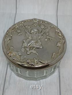 Glass Powder Jar with Silver Tone Lid with Repousse Cherub and Internal Mirror Dressing Table Trinket Box