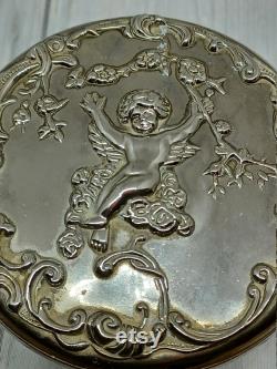 Glass Powder Jar with Silver Tone Lid with Repousse Cherub and Internal Mirror Dressing Table Trinket Box