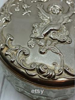 Glass Powder Jar with Silver Tone Lid with Repousse Cherub and Internal Mirror Dressing Table Trinket Box