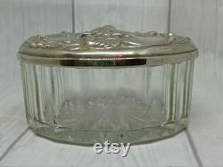 Glass Powder Jar with Silver Tone Lid with Repousse Cherub and Internal Mirror Dressing Table Trinket Box