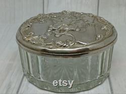 Glass Powder Jar with Silver Tone Lid with Repousse Cherub and Internal Mirror Dressing Table Trinket Box