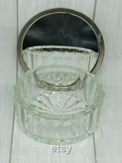 Glass Powder Jar with Silver Tone Lid with Repousse Cherub and Internal Mirror Dressing Table Trinket Box