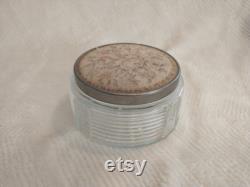 Glass Trinket Box with Mirrored Embroidered Lid Antique Powder Dish with Glass Bottom and Metal Lid Embroidered Top Mirrored Inner Lid