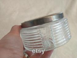Glass Trinket Box with Mirrored Embroidered Lid Antique Powder Dish with Glass Bottom and Metal Lid Embroidered Top Mirrored Inner Lid