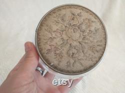 Glass Trinket Box with Mirrored Embroidered Lid Antique Powder Dish with Glass Bottom and Metal Lid Embroidered Top Mirrored Inner Lid