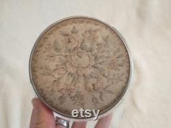 Glass Trinket Box with Mirrored Embroidered Lid Antique Powder Dish with Glass Bottom and Metal Lid Embroidered Top Mirrored Inner Lid