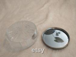Glass Trinket Box with Mirrored Embroidered Lid Antique Powder Dish with Glass Bottom and Metal Lid Embroidered Top Mirrored Inner Lid